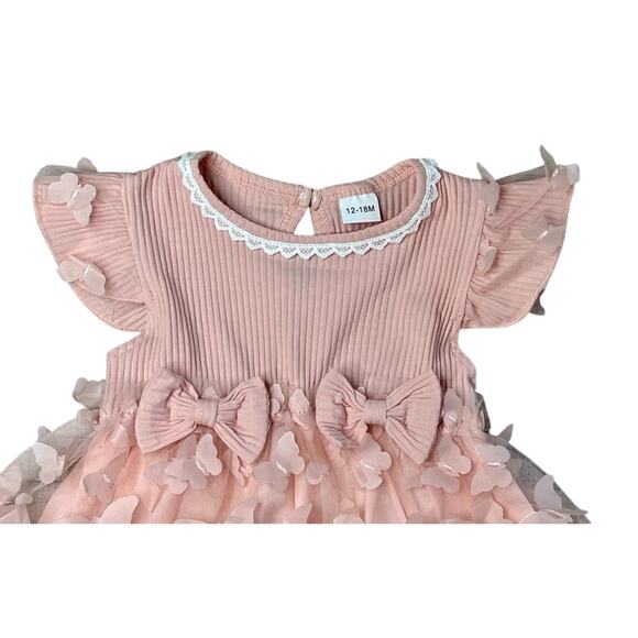 Lovely Pink Ribbed Knit & Sheer‎ Butterfly Appliques Dress 12-18 months Babycore - Picture 2 of 7